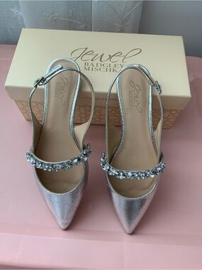 Badgley Mischka Silver Jeweled Pointed-Toe Slingback Pumps
